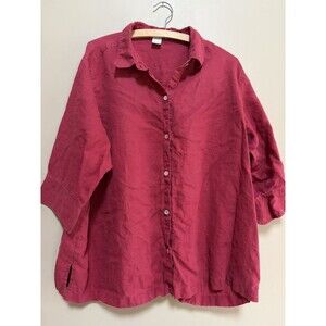 Sarah Spencer Woman 100% Linen Red Short Sleeve Button Up Top Size 2X Flawed